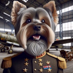 Antropomorphic old yorkie clad in Army outfit and general stars,...