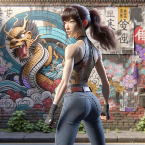 Athletic Thin skinny Attractive, Asian teenage girl, long brown hair and bangs, wearing tight skinny jeans and a halter top paint marks on her clothing, heroic pose Asian graffiti background, backside view