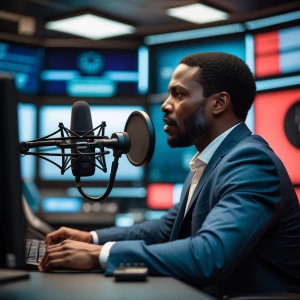 Side way view of African American man seated at a broadcasting...