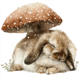Fluffy rabbit sleeping under spotted mushroom, watercolor style,...