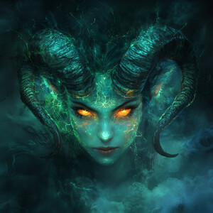 Create a bioluminescent female figure with Aries-themed attribut...