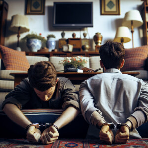 hands behind back. two white male youth handcuffed laying face d...