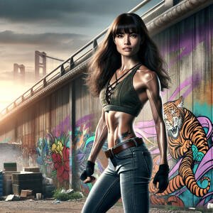 Very thin Athletic Thin skinny Attractive, Asian teenage girl, long brown hair and bangs, wearing tight skinny jeans and a halter top paint marks on her clothing, heroic sideways pose Asian graffiti background