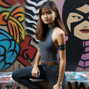 Very thin Athletic Thin skinny Attractive, Asian teenage girl, long brown hair and bangs, wearing tight skinny jeans and a halter top paint marks on her clothing, sitting side view heroic pose Asian graffiti