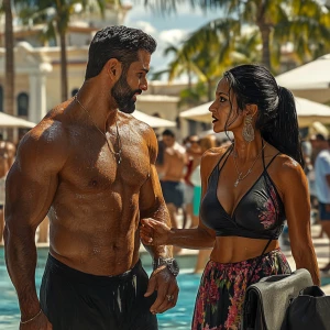 PhotoRealism,fantasy,a muscular beefy sweaty man walking with h...