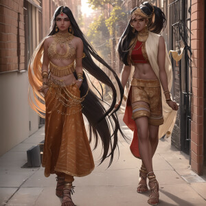 An 8k photorealistic image of a confident Indian fashion model with long flowing hair, strutting down a brownstone-lined street in Brooklyn, bathed in the warm glow of the afternoon sun. She wears a high-fashion outfit that blends traditional Indian elements with modern streetwear, showcasing a fusion of cultures.