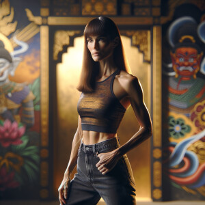 Athletic Thin skinny Attractive, Asian teenage girl, long brown hair and bangs, wearing tight skinny jeans and a halter top paint marks on her clothing, heroic pose Asian graffiti background, backside view