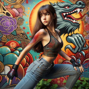 teenage girl, long brown hair and bangs, wearing tight skinny jeans and a halter top paint marks on her clothing, heroic pose Asian graffiti background, nearing on one knee