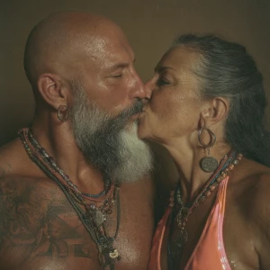 Hyperrealism ,a latin muscular beefy bearded tattoed sweaty ma...
