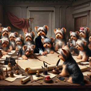 Create a realistic scene of a bunch of Yorkies around the table...