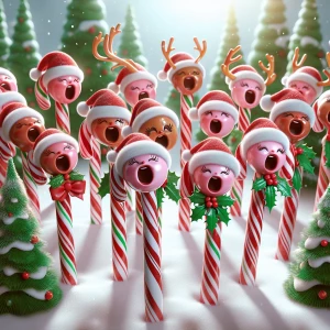 A chorus of animated candy canes singing Christmas carols, each...