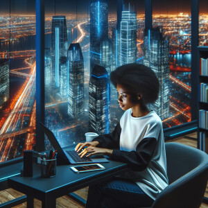 Young  African American woman focused on laptop, seated in a hig...