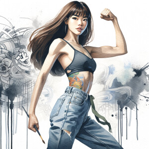 Athletic Thin skinny Attractive, Asian teenage girl, long brown hair and bangs, wearing tight skinny jeans and a halter top paint marks on her clothing, heroic pose Asian graffiti background, side view