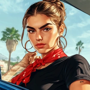 Lucia from GTA, a girl with brown hair, thick eyebrows, pumped u...
