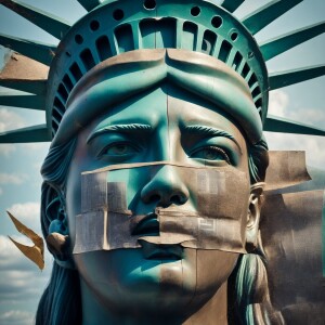 Design the Statue of Liberty with a gag over her mouth, clutchin...
