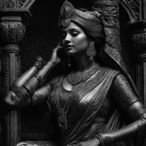 Design an image of a slender ancient princess sculpture adorned...