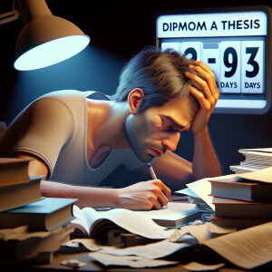 A tired student writes a diploma, he has 3 days left, ultra qual...