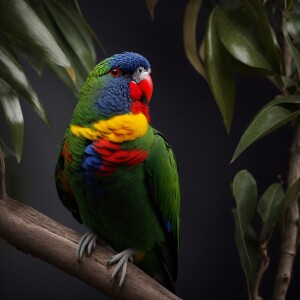 Photorealistic image. Lorikeet bird in a tuxedo . Head to foot i...