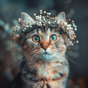A stunning cat gazing directly at the camera while wearing a del...