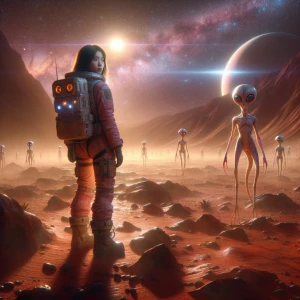 A lone female astronaut in a slightly damaged, high-tech pink sp...