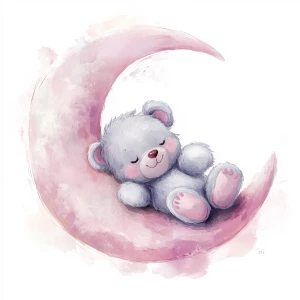 A cute, cartoon teddybear lies on a stylized, rosy-pink crescent moon. The teaddy bear is light gray with large, round, pink-spotted ears.  Its body is round and he has expressive eyes.  its facial expression is happy and friendly. The teddy bears leg and foot are visible, and its posture is relaxed, slumped in the curve of the moon. it's stomach is lying down on the moon with left arm and leg showing hanging down. The moon is a soft, shaded pink, with watercolor-like texture and subtle shading. The background is white. The image is in a child-friendly style, showcasing delicate line work and color palettes. The composition is centered on the teddy bear which is positioned on the moon, giving the moon a hug with closed eyes. The overall style is sweet, whimsical, and reminiscent of children's book illustrations.  The colors are pastel and soothing, creating a gentle atmosphere.