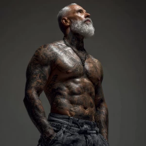 Man bodybuilder gray hair and beard covered in tattoos all over...
