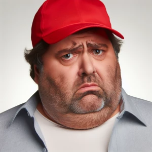 A middle-aged, overweight man displaying a very concerned and pe...