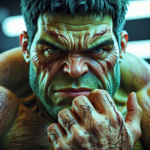 Imagen: A close-up photo of Hulks  face, rendered in a realistic...