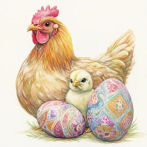 A hen and a chick, depicted in a detailed watercolor style. The...