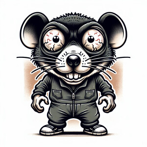An evil cartoonish rat with bulging eyes,wearing a grey jumpsuit...