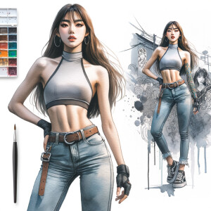 Athletic Thin skinny Attractive, Asian teenage girl, long brown hair and bangs, wearing tight skinny jeans and a halter top paint marks on her clothing, heroic pose Asian graffiti background, side view