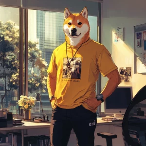 DOGE meme.,stand in office, dressed in a yellow t-shirt and blac...