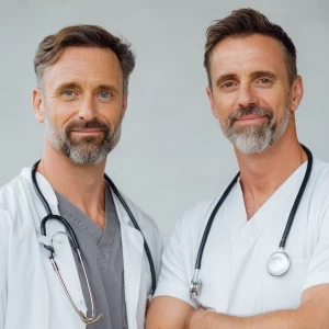 The image shows two bodybuilders middle-aged men wearing a white...