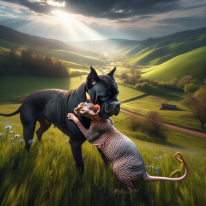 A Coney Corsa black and a Sphynx playing in the countryside