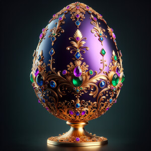 Create an image of an exquisite egg-shaped object, oriented to face the viewer head-on. The design should feature a deep purple base adorned with opulent gold filigree, floral patterns, and encrusted with various jewels such as emeralds, sapphires, and a prominent amethyst. The egg stands regally on a gold pedestal, gleaming with reflective elegance. Its intricate details and rich colors should convey a sense of luxury and royal splendor.