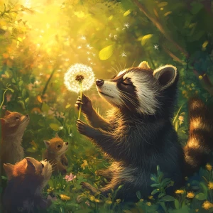 A raccoon tenderly blowing on a dandelion, its seeds scattering...
