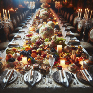 A professionally shot photograph of a banquet table with rich fo...
