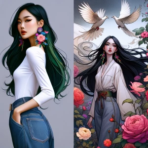 Enchanting surreal illustration, a seductive looking long raven-...