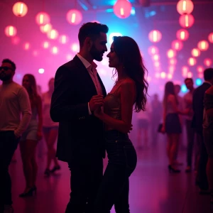 Generate an image of a stylish couple dancing at a neon-lit part...