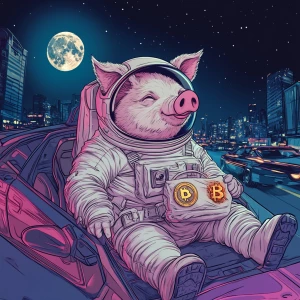 Cute cartoon pig in vintage white spacesuit and NASA style helme...