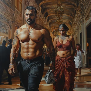 Hyperrealistic painting.A sweaty beefy man walking with his 54 y...