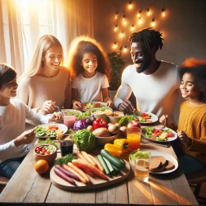Give me a family who are sitting down to dinner having a healthy...