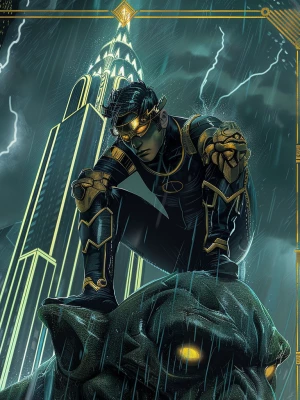 A heroic manga-style character crouches on a massive stone gargo...