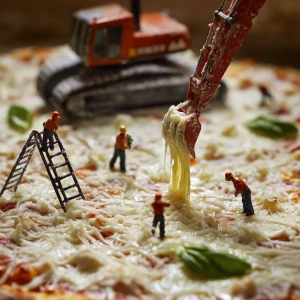 The tiny workers move dynamically across the pizza surface, care...