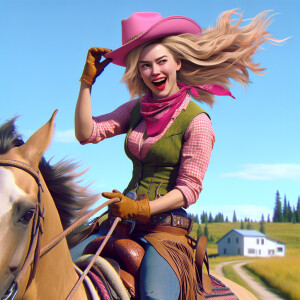 Photorealistic image. Blonde cowgirl in pink hat riding blonde h...