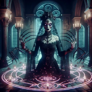 A demonic seductress standing in a ritual circle inside a decayi...