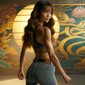 Athletic Thin skinny Attractive, Asian teenage girl, long brown hair and bangs, wearing tight skinny jeans and a halter top paint marks on her clothing, heroic pose Asian graffiti background, backside view