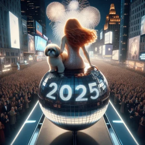 Ginger haired woman facing forward riding 2025 New Years Eve NYC...