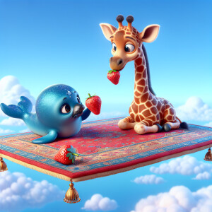 A little blue sea Seal and giraffe both eating strawberries in a...