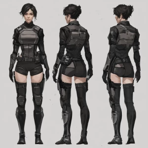 A digital art character design sheet showcasing a futuristic fem...